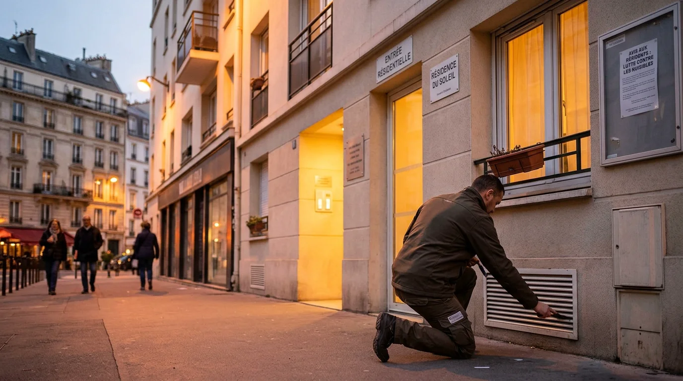 Technicien européen inspectant un immeuble parisien pour un problème de rats