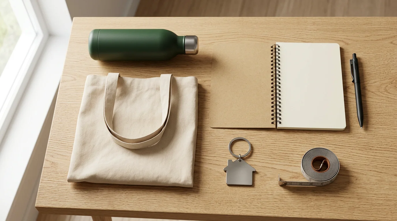 Sélection d'objets publicitaires utiles pour une agence immobilière posés sur un bureau