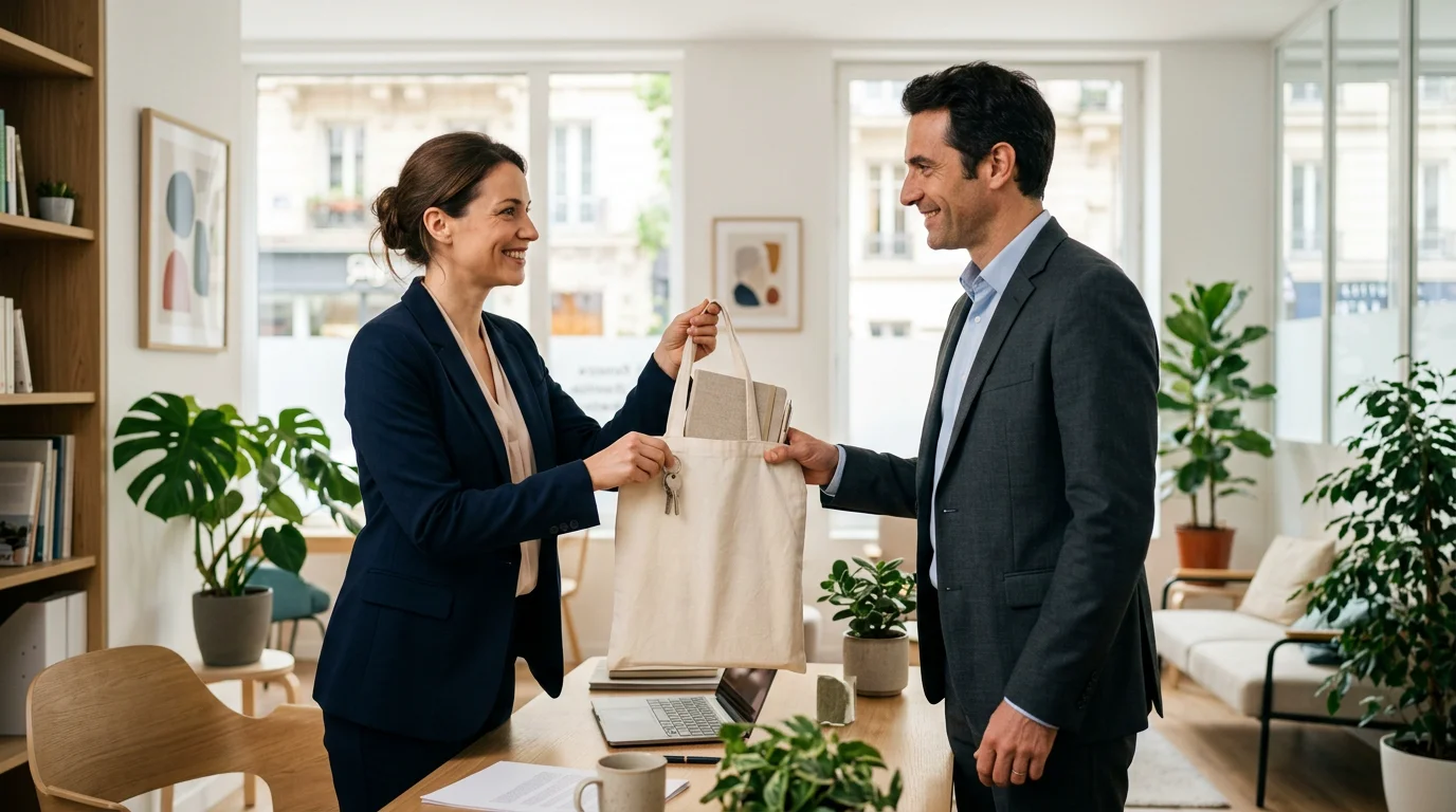 Remise d'un tote bag et de goodies éco-responsables à un client dans une agence immobilière