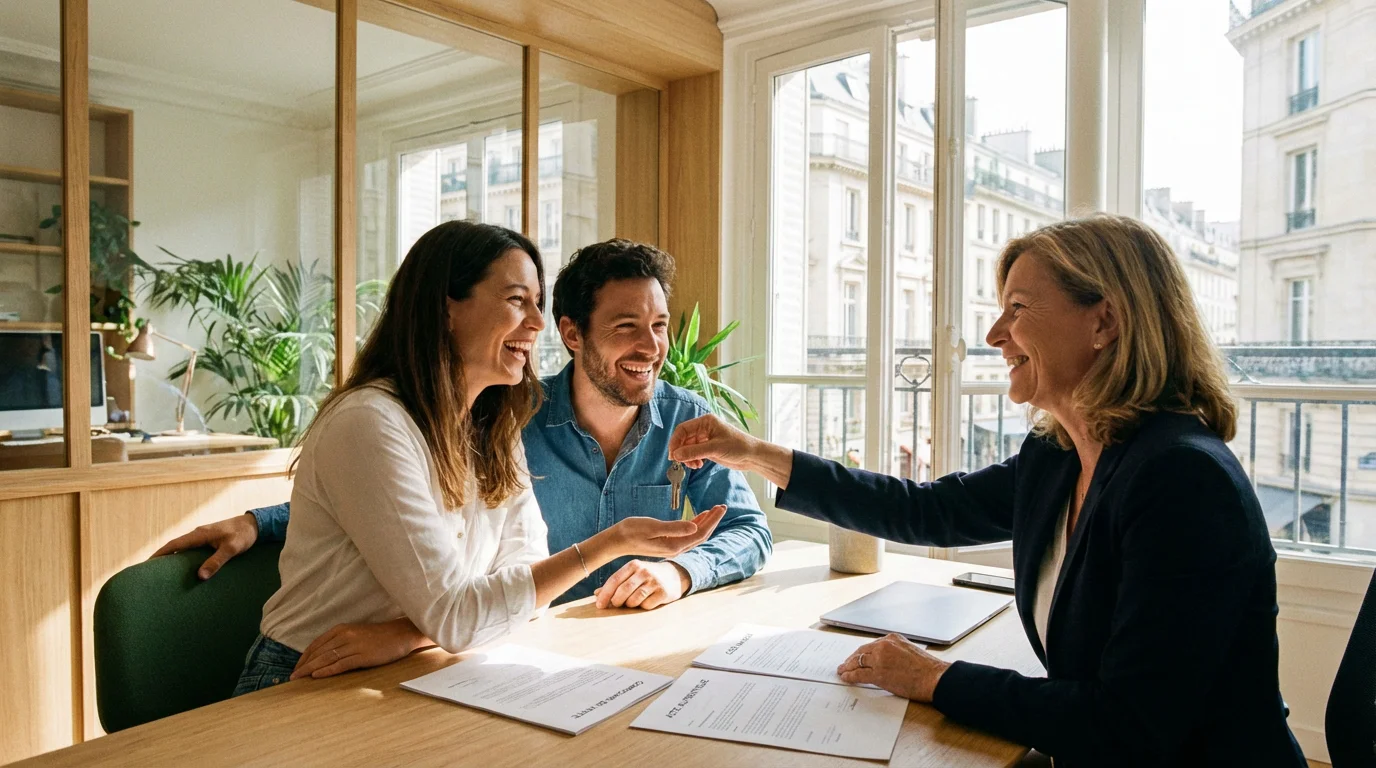 Remise de clés à des acquéreurs par un conseiller immobilier dans un bureau moderne