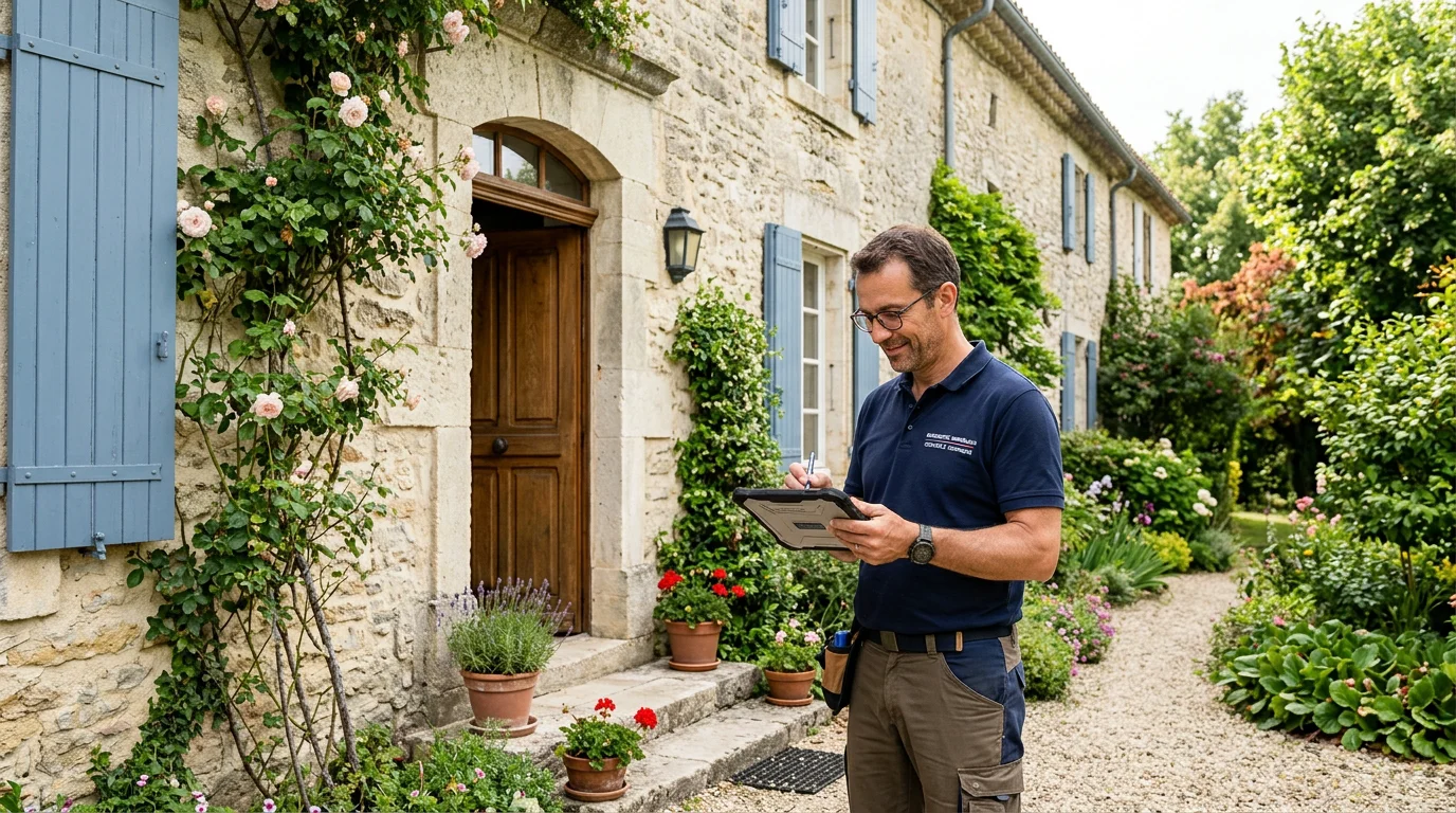Diagnostiqueur immobilier inspectant une maison avant la vente