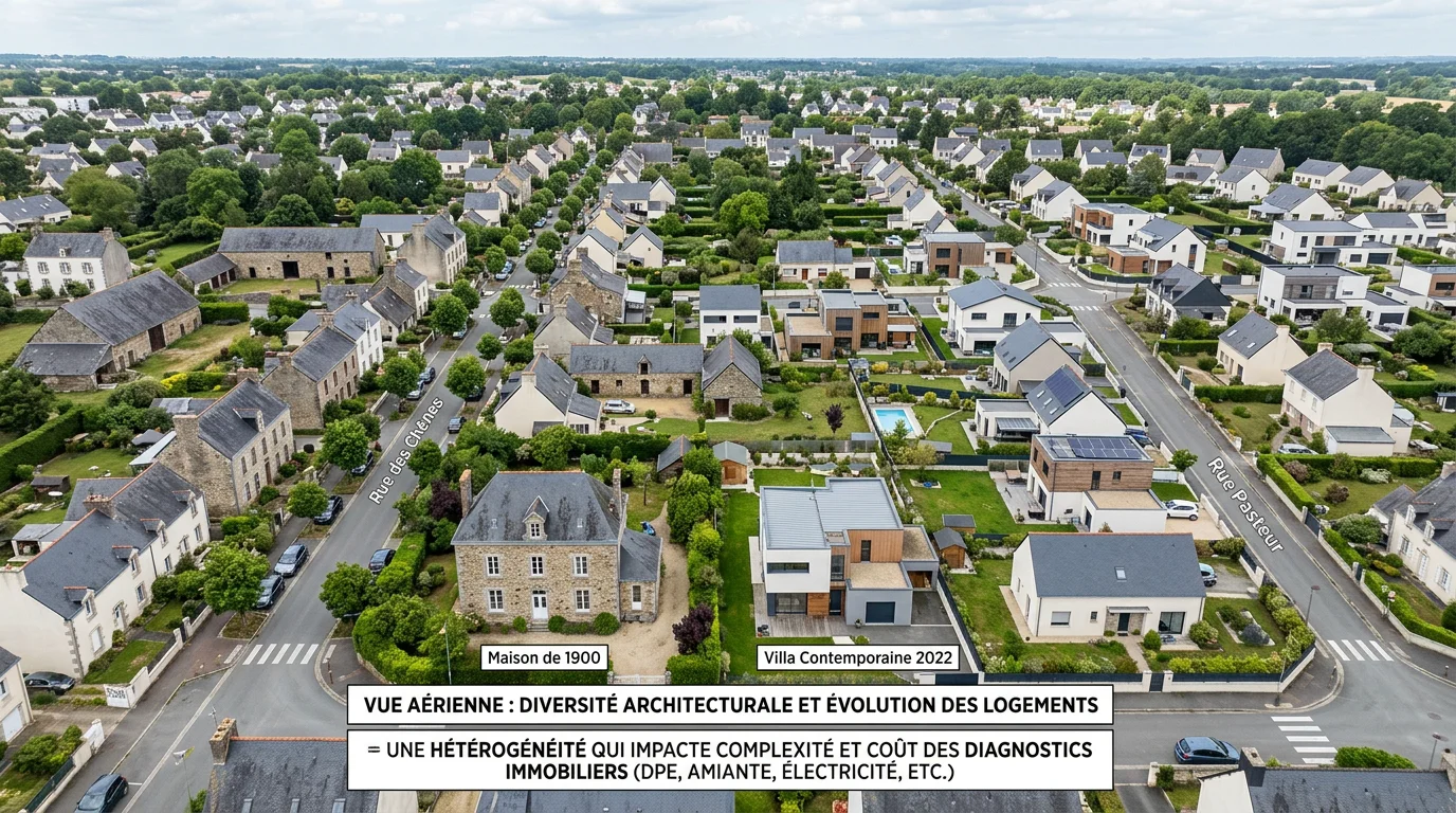 Maisons de différentes époques dans un quartier résidentiel illustrant la variation des tarifs de diagnostic