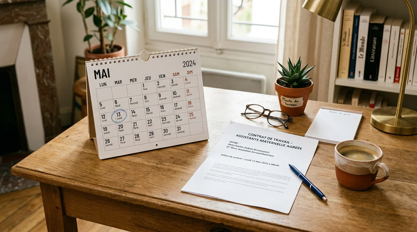 Calendrier de mai posé sur un bureau à côté d'un contrat de travail d'assistante maternelle