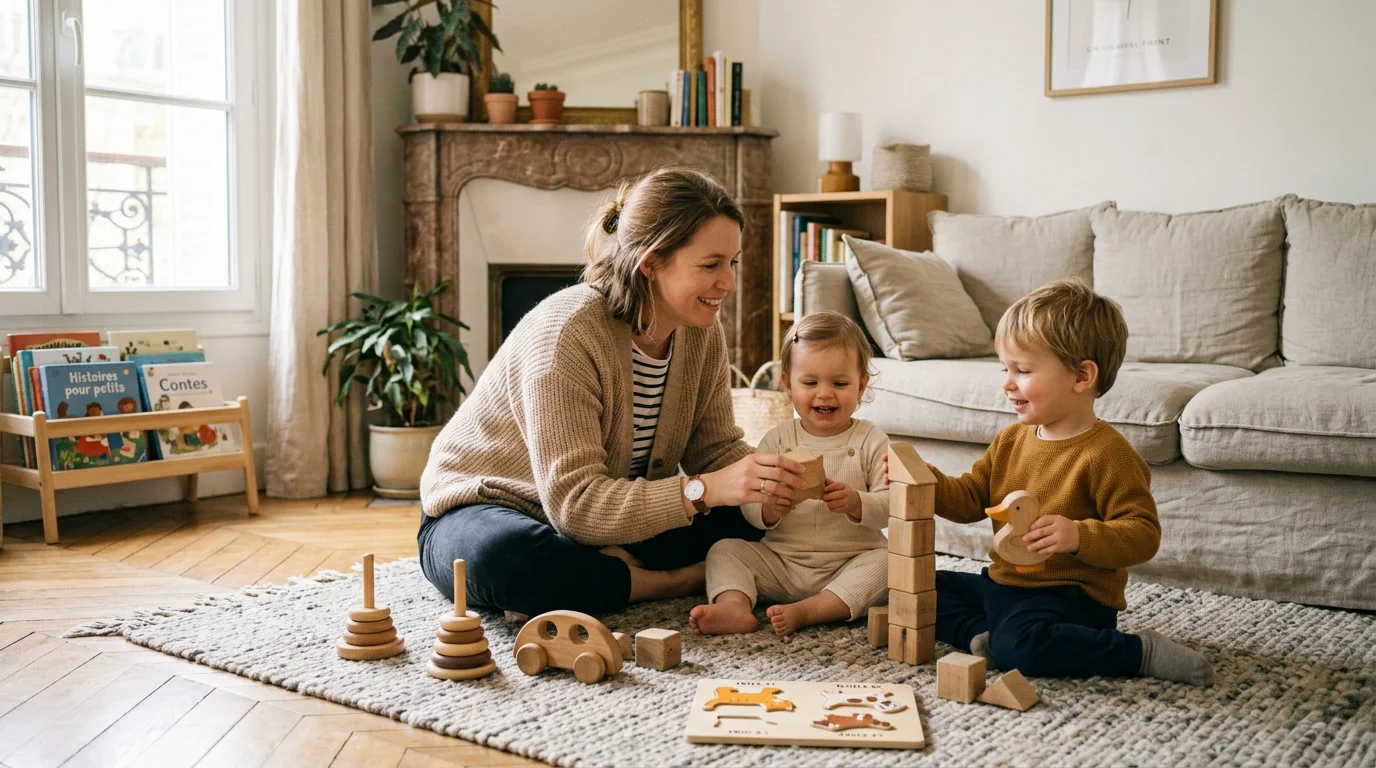 Assistante maternelle jouant avec deux jeunes enfants dans un salon