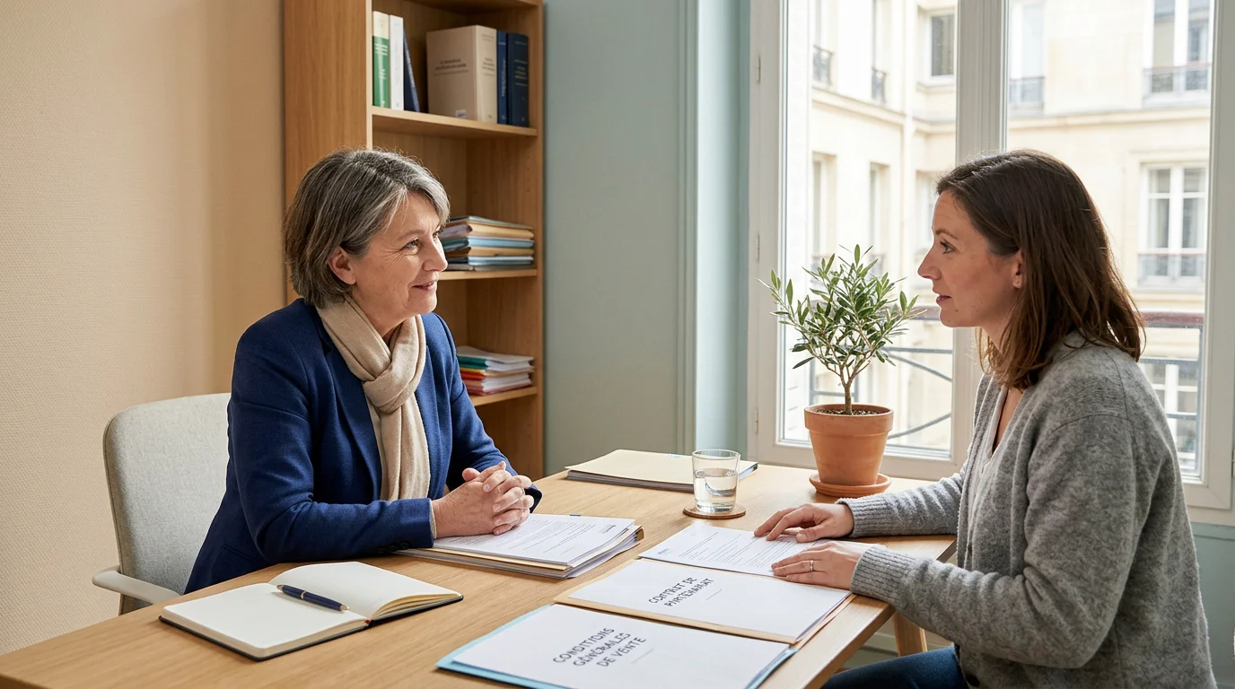 Consultation juridique rassurante autour de documents de protection