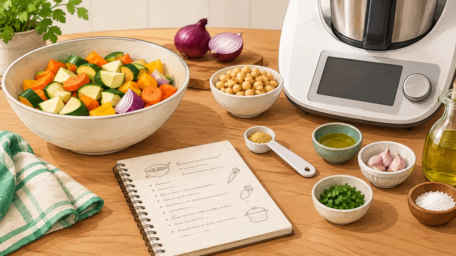 Recette et ingrédients préparés près d’un robot culinaire avant la cuisson