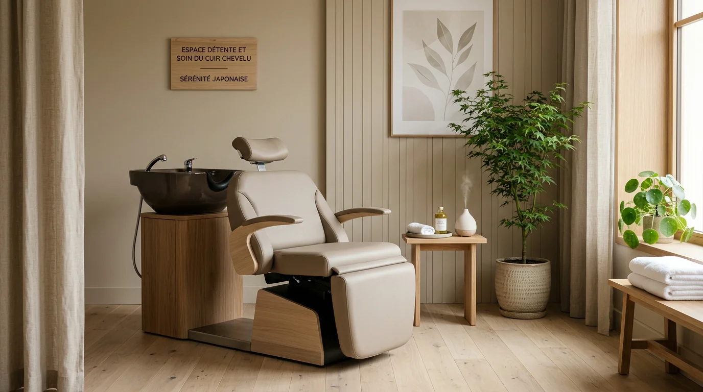 Salle de soin équipée d'un bac head spa japonais dans une ambiance zen