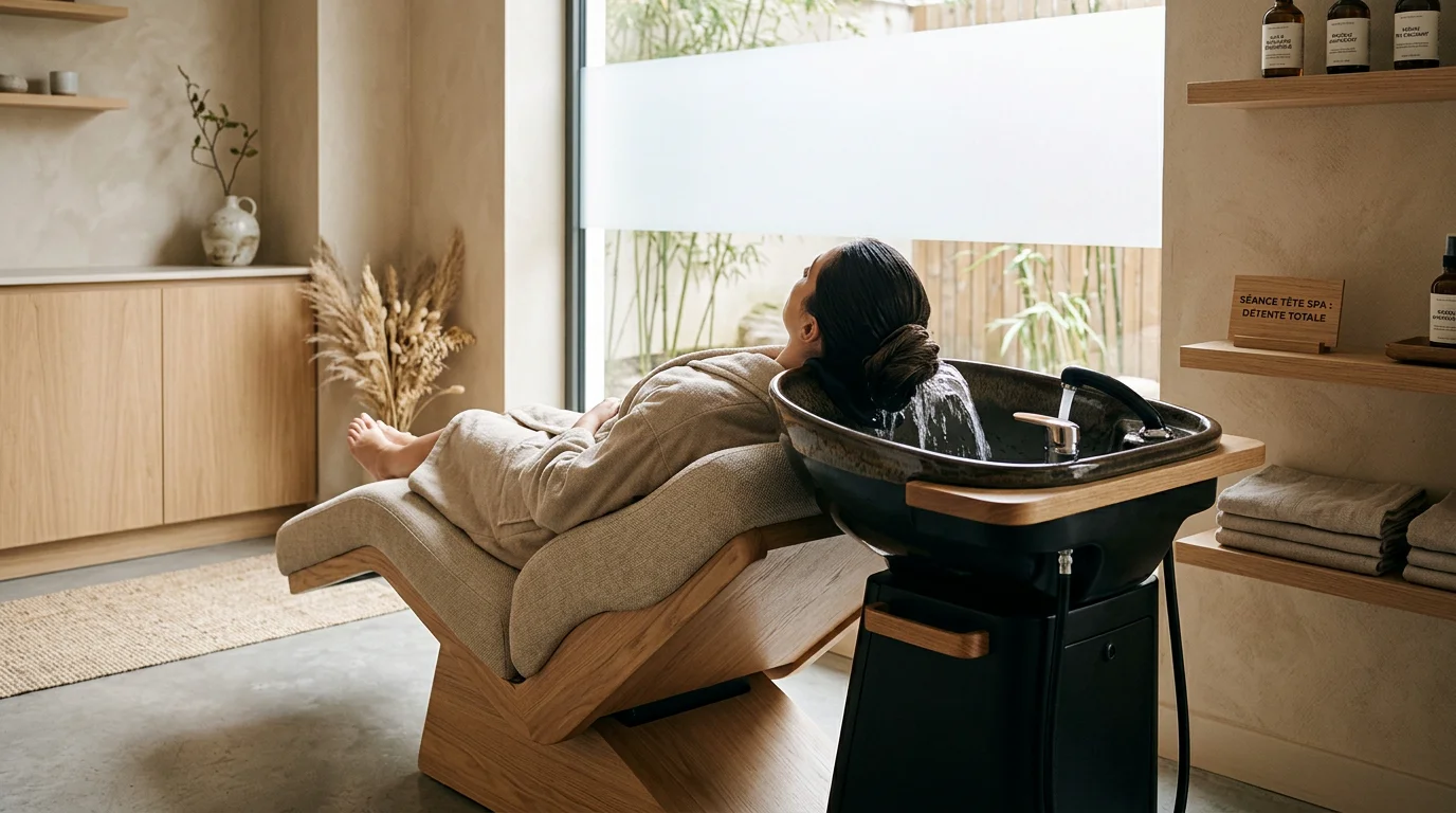 Bac head spa japonais mobile installé dans un salon moderne et épuré