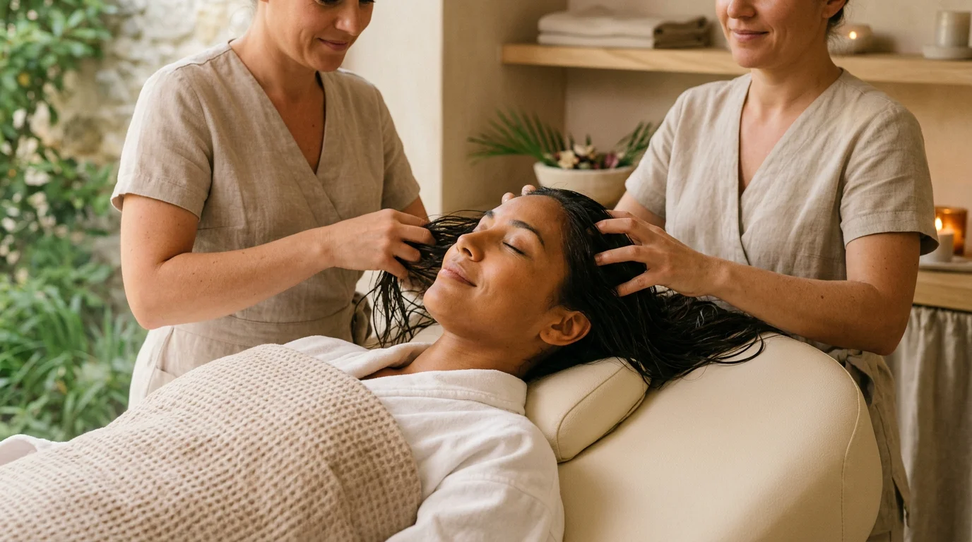 Cliente détendue pendant un massage du cuir chevelu en head spa
