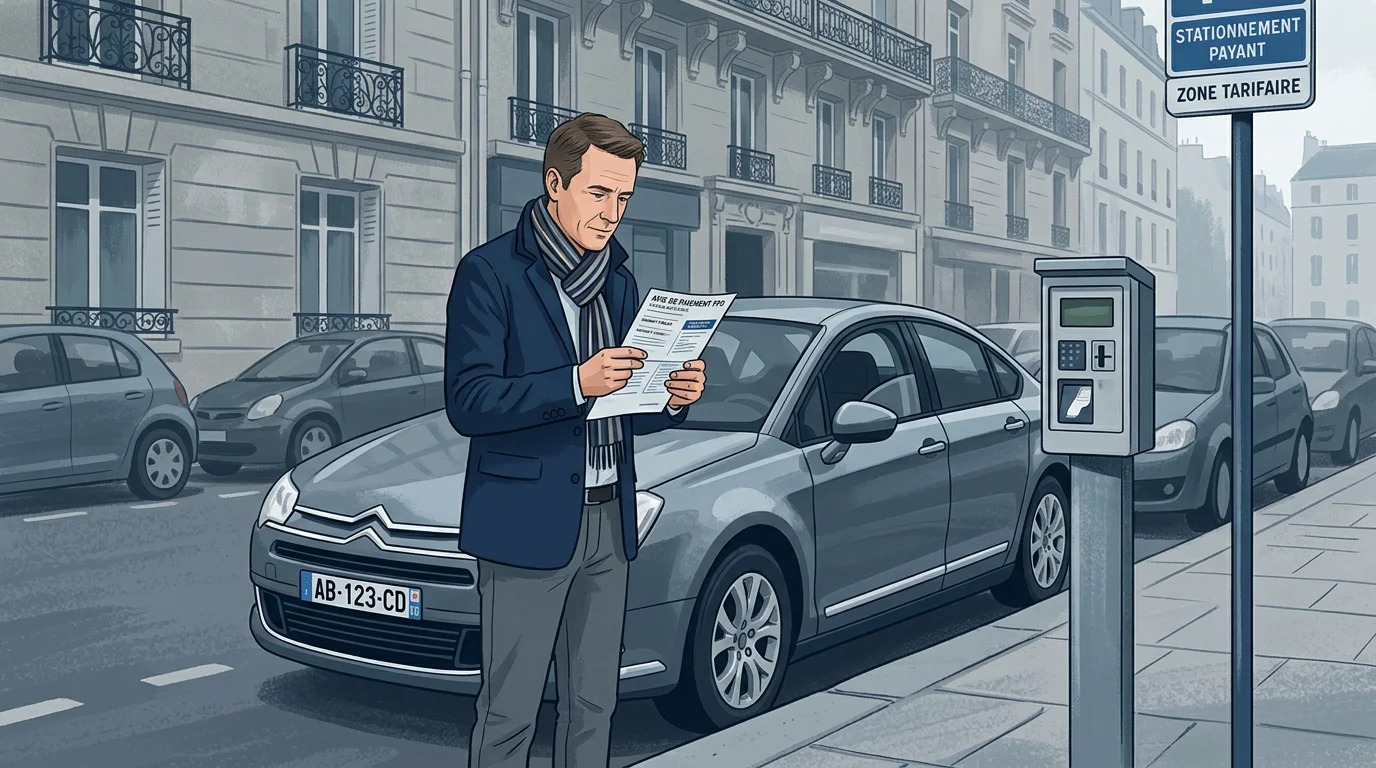 Automobiliste européen consultant un avis de paiement de FPS près de sa voiture