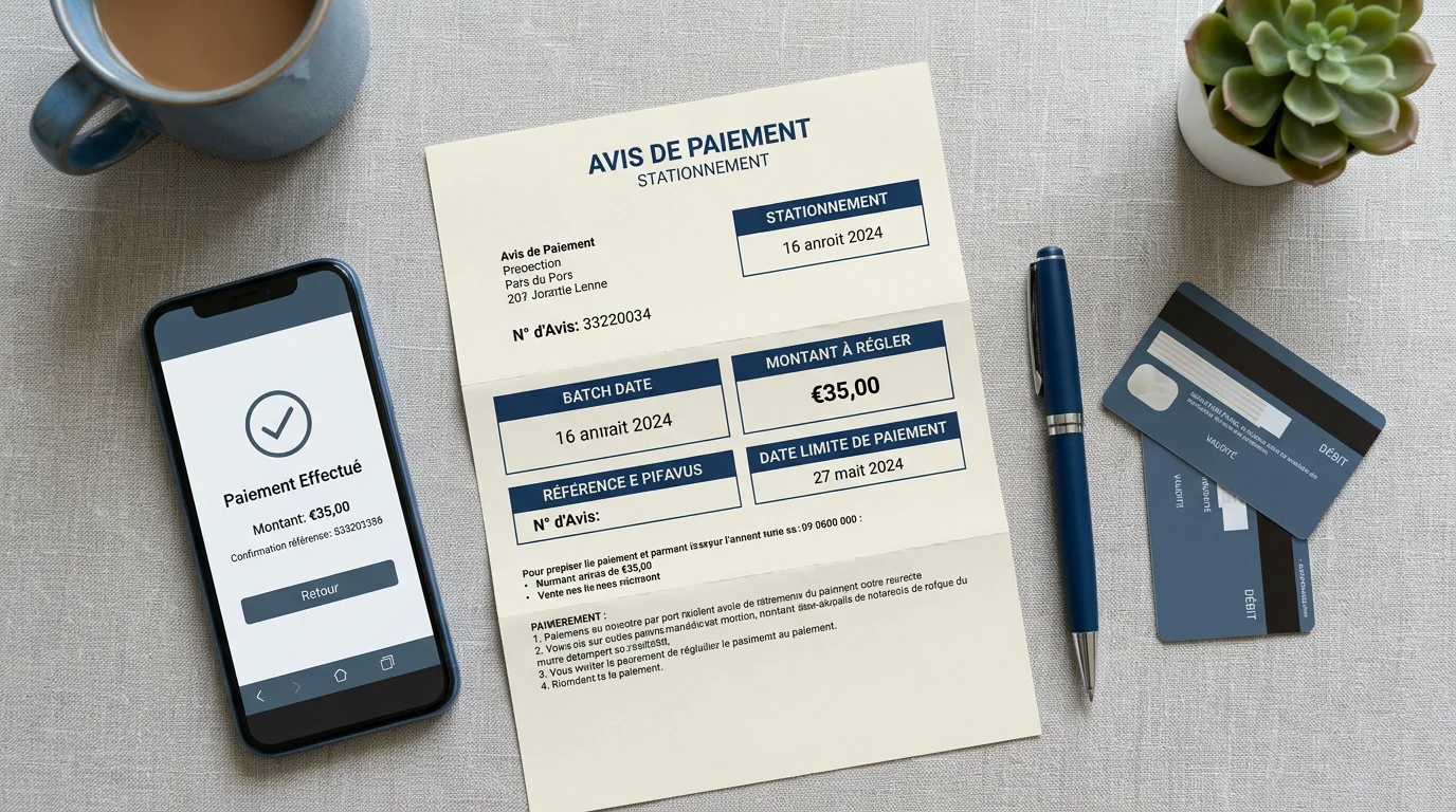 Documents de paiement d'un FPS disposés sur un bureau avec smartphone et carte bancaire