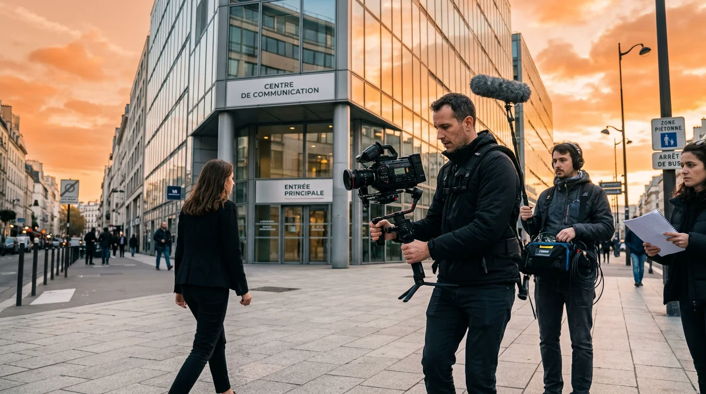 Équipe filmant un film d'entreprise en extérieur devant un bâtiment moderne