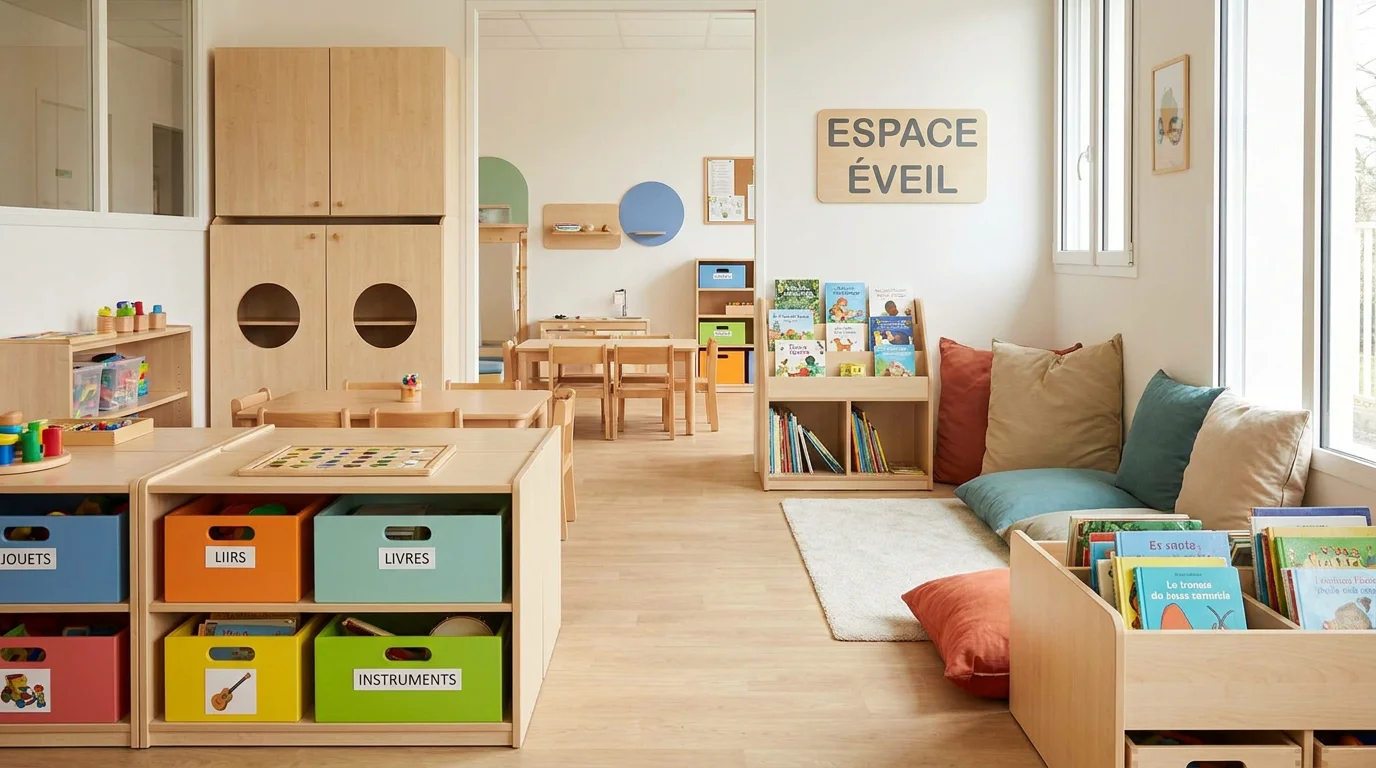 Espace crèche aménagé avec du mobilier de rangement adapté aux tout-petits