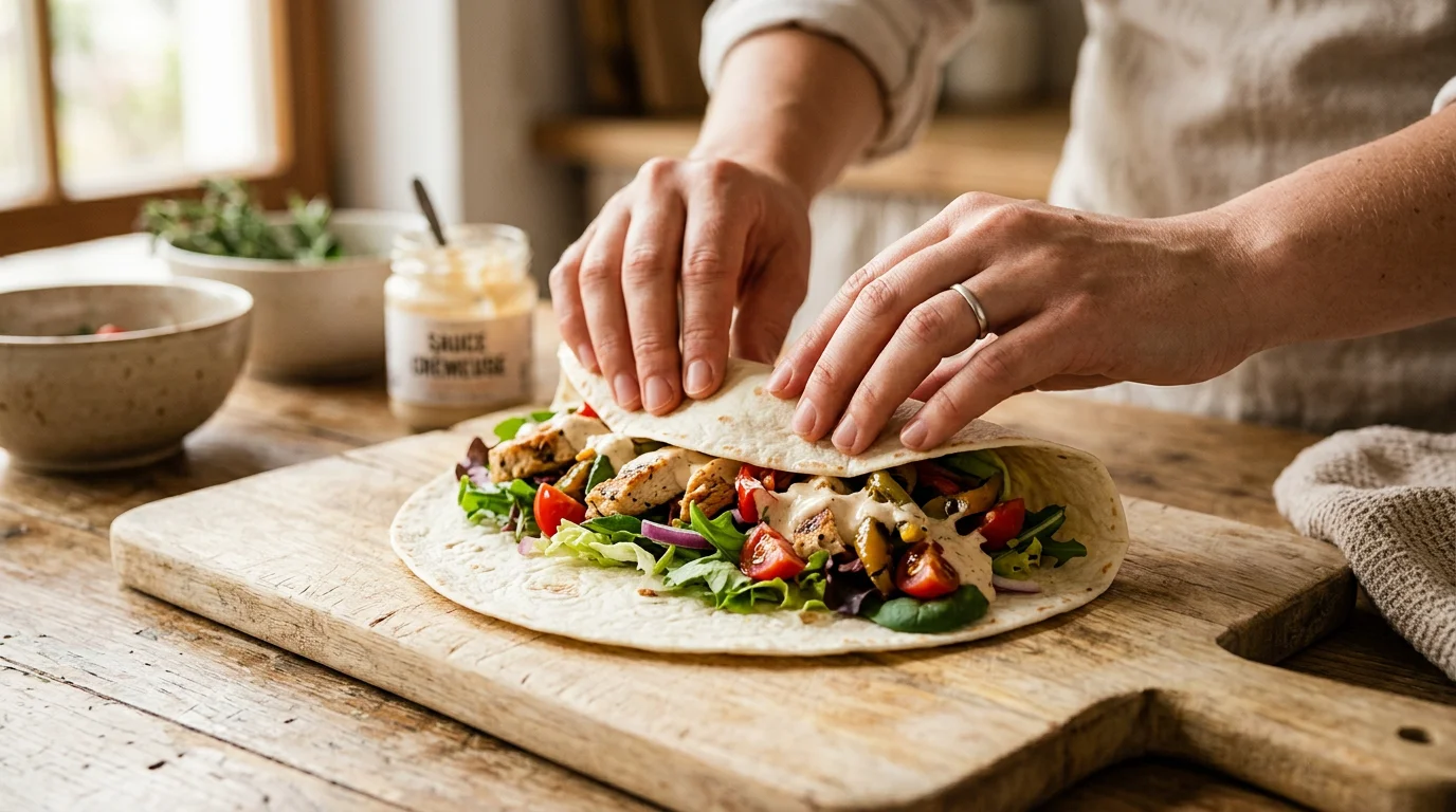 Mains roulant une tortilla garnie de poulet et de légumes frais