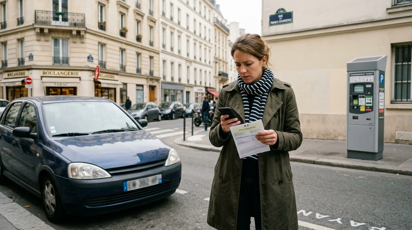 Automobiliste consultant son avis de paiement de FPS dans une rue française
