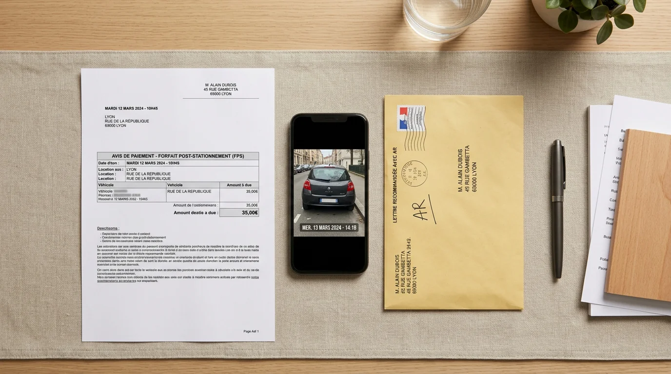 Dossier de contestation d'un FPS avec avis de paiement, preuve photo et courrier recommandé