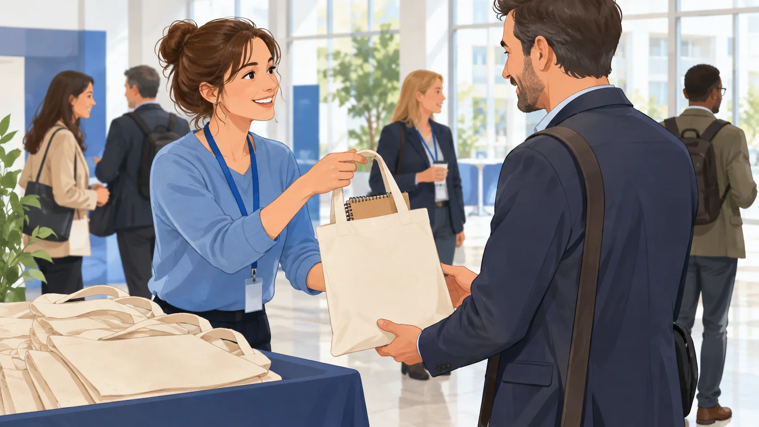 Distribution de sacs et carnets promotionnels lors d’une conférence