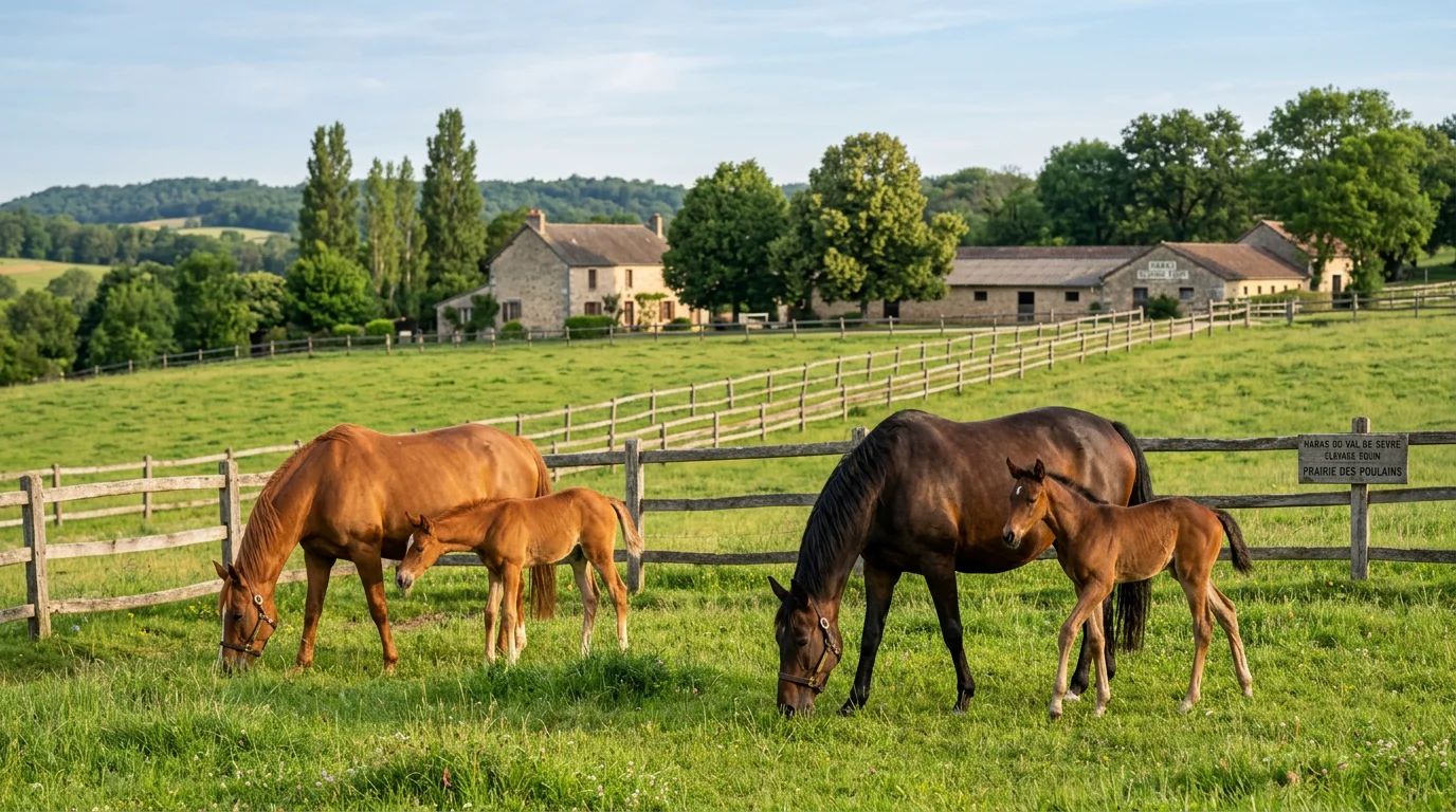 Juments poulinières et leurs poulains au pré le matin dans un élevage
