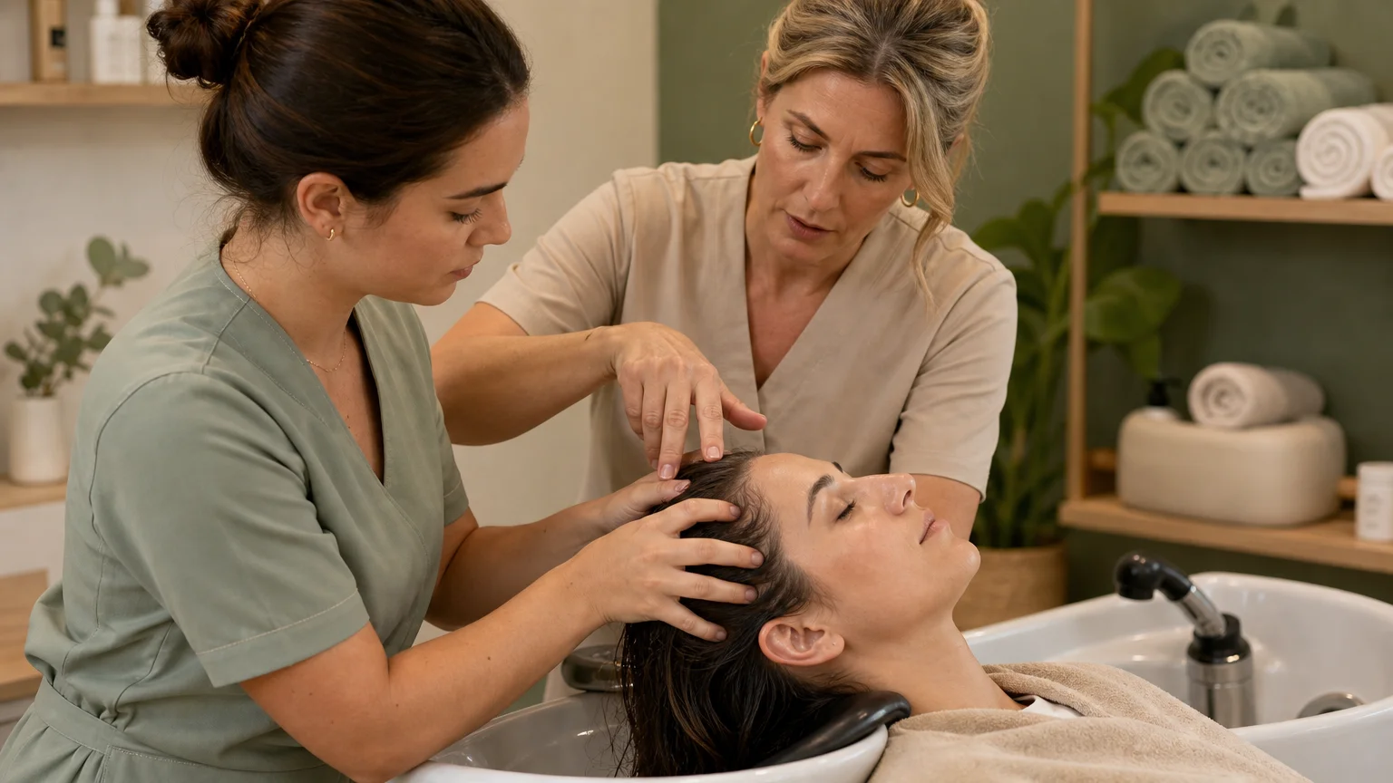 Formatrice corrigeant la gestuelle d’une stagiaire pendant une pratique Head Spa