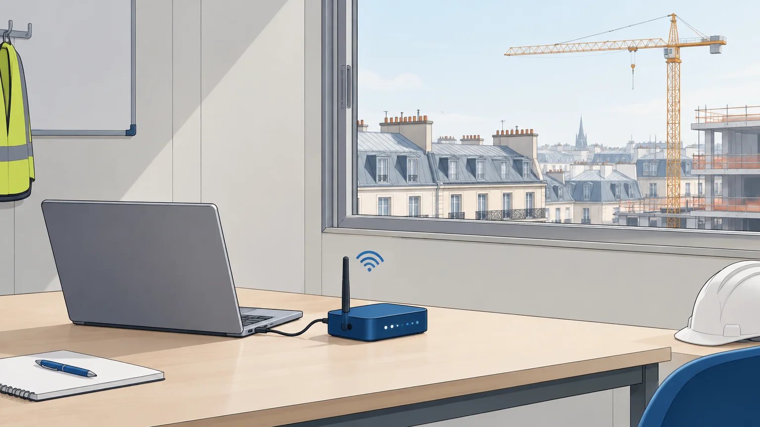 Illustration éditoriale d’une base vie de chantier parisienne connectée par un routeur 5G