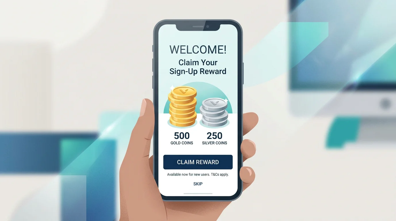 Smartphone showing a social casino sign-up reward with two virtual coin types
