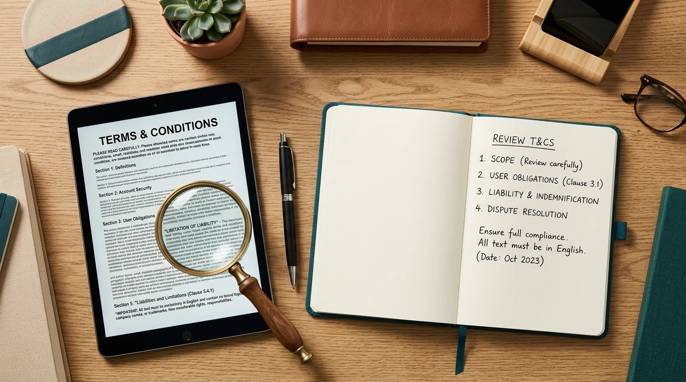 Magnifying glass over bonus terms and conditions on a tablet