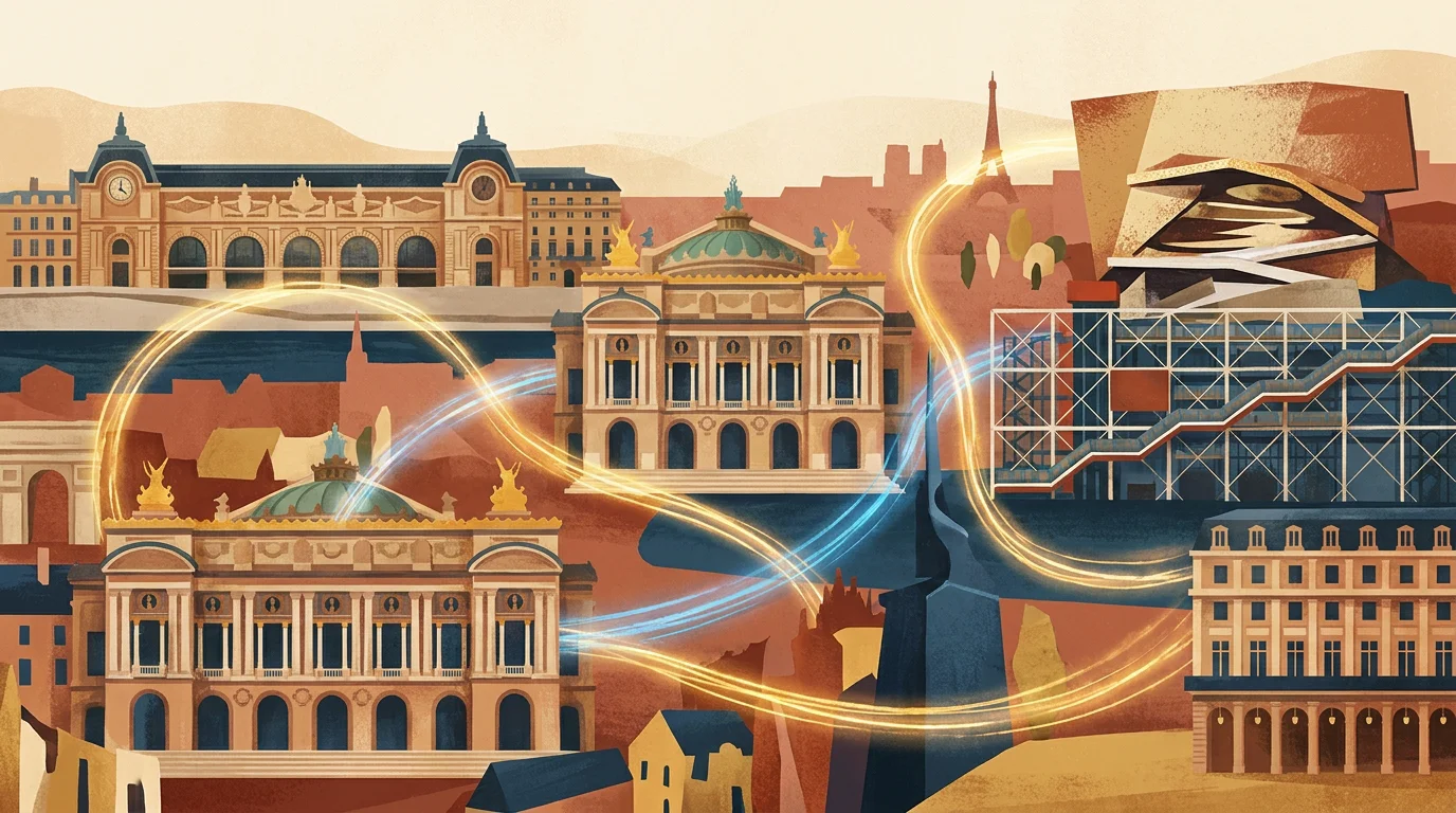 Vue stylisée de Paris illustrant le réseau des emplois culturels entre musées, théâtres et salles de concert