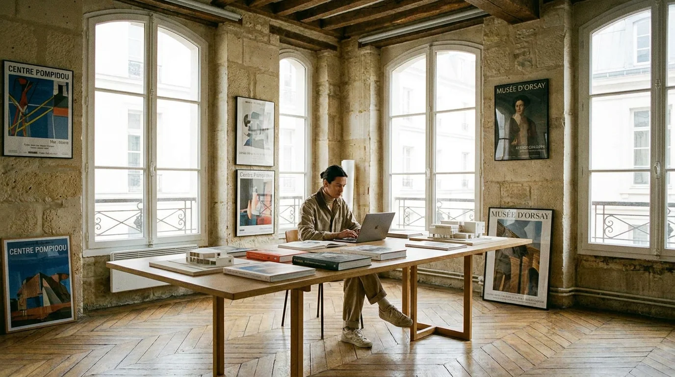 Espace de travail dans un environnement culturel parisien avec une personne sur un ordinateur portable entourée d'éléments artistiques