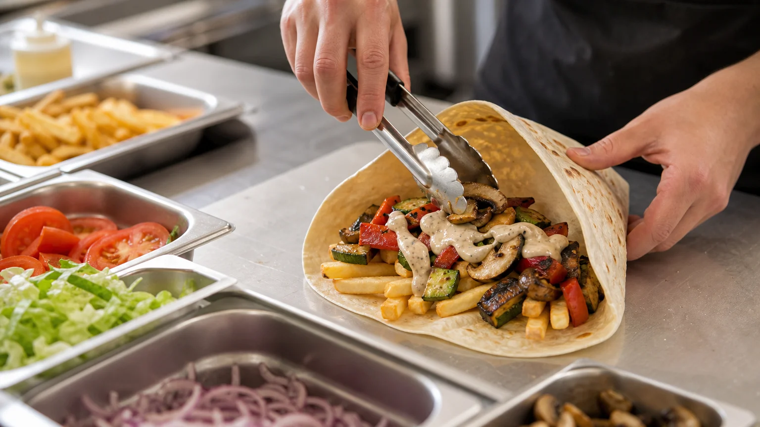 Préparation minute d’un tacos végétarien avec légumes grillés et frites