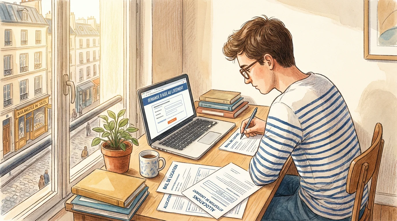 Étudiant consultant les aides au logement sur son ordinateur dans un appartement