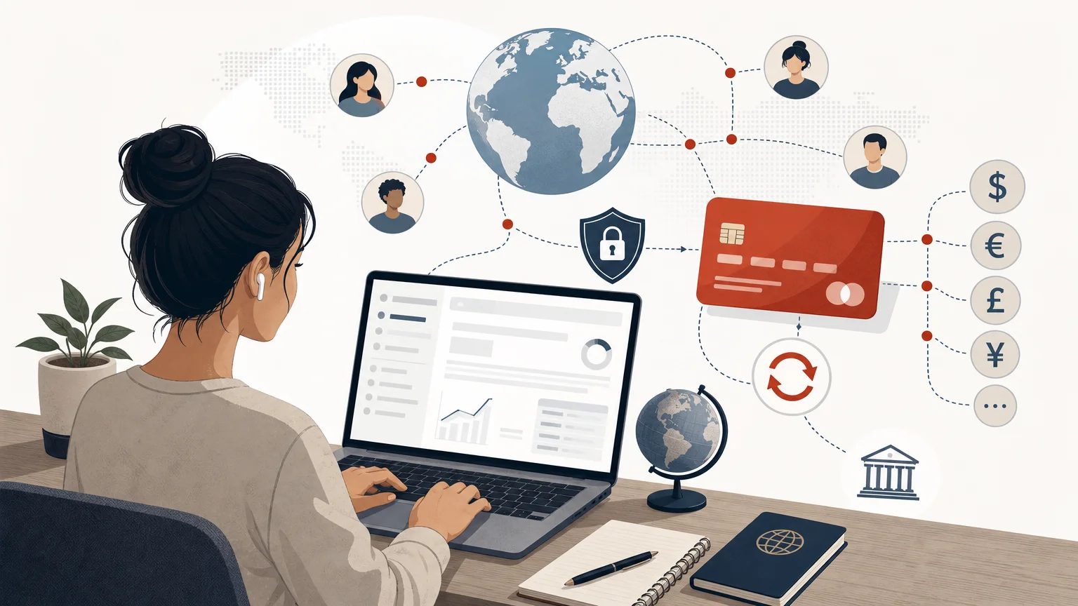 Editorial illustration of payment infrastructure for an international coaching business