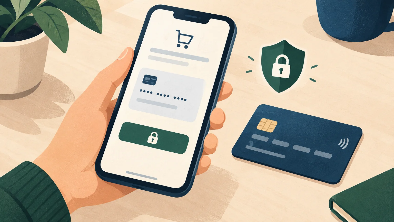 Illustration du paiement par carte sur un téléphone avec un symbole de protection