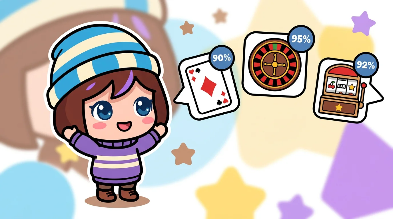Cartoon mascot comparing casino game odds with percentage badges