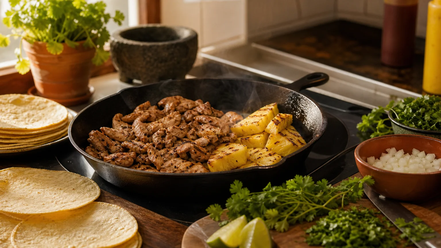 Cuisson maison de tranches de porc marinées pour tacos al pastor