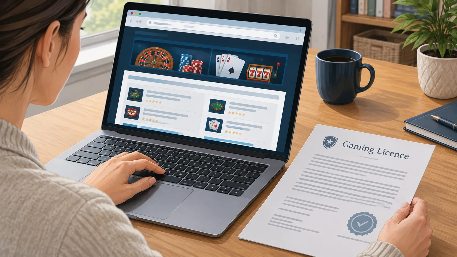 An adult checking a casino website domain beside a licence document