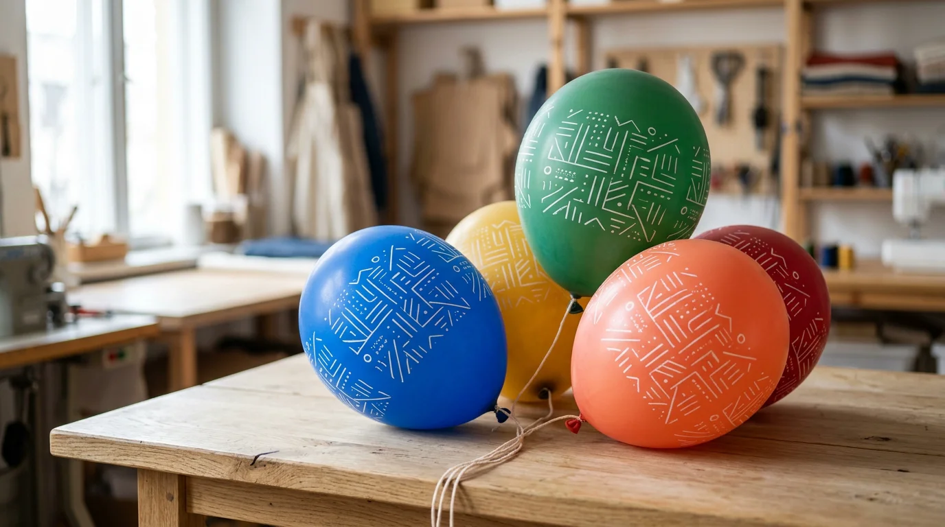 Ballons publicitaires colorés en latex naturel posés sur une table d'atelier