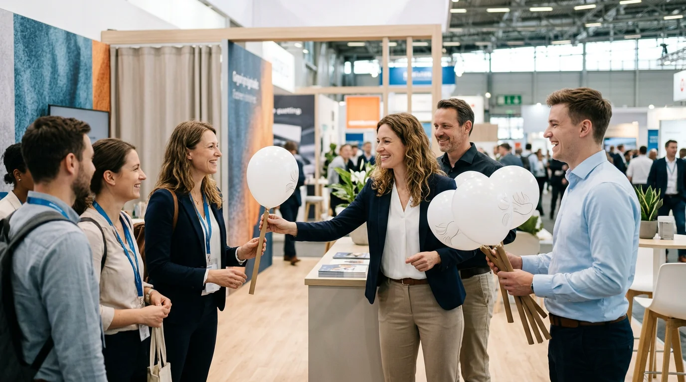 Équipe distribuant des ballons publicitaires sur un stand de salon professionnel