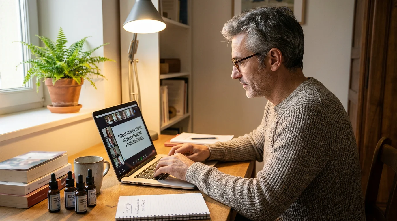 Thérapeute suivant une formation en fleurs de Bach à distance sur son ordinateur portable dans un bureau à domicile