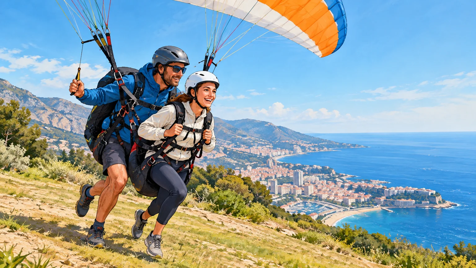 Un passager et son moniteur courent ensemble sur une pente douce pour décoller en parapente biplace.