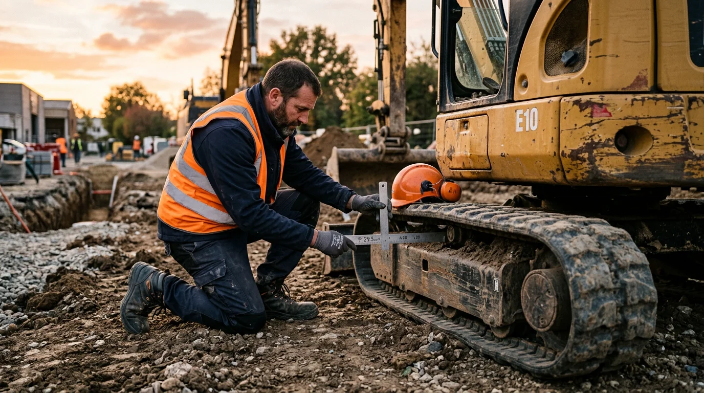 Technicien contrôlant la tension d'une chenille de mini-pelle sur chantier