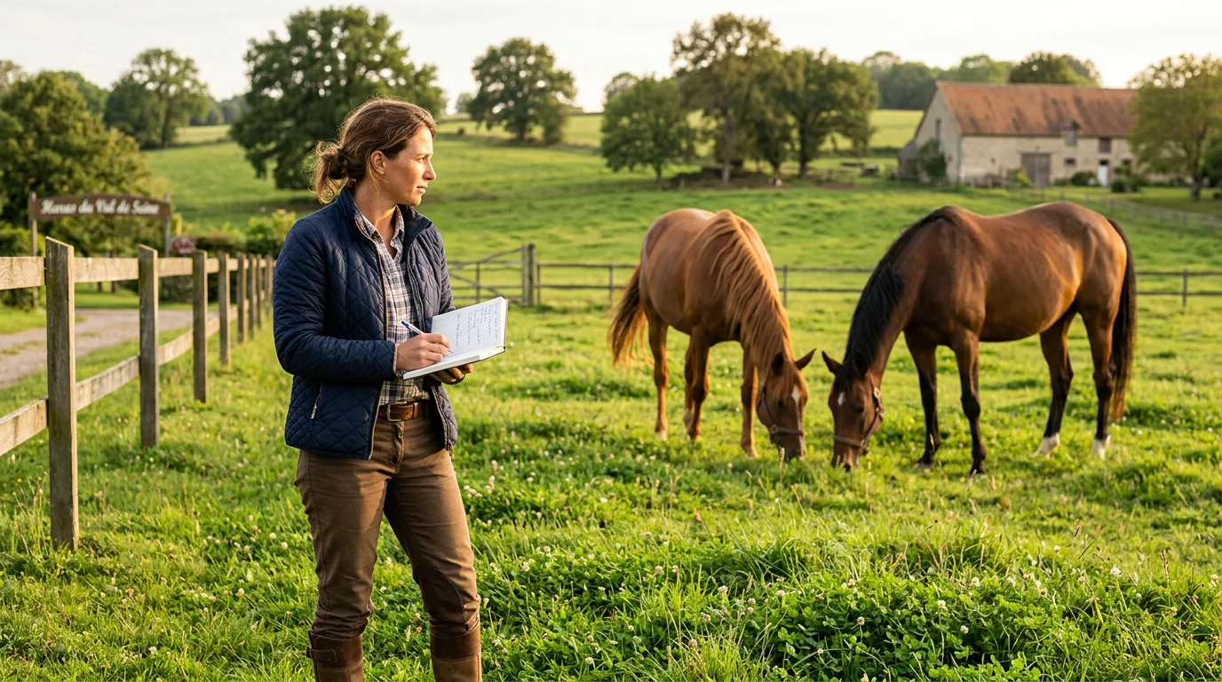 Éleveuse européenne notant des informations près de chevaux au pré