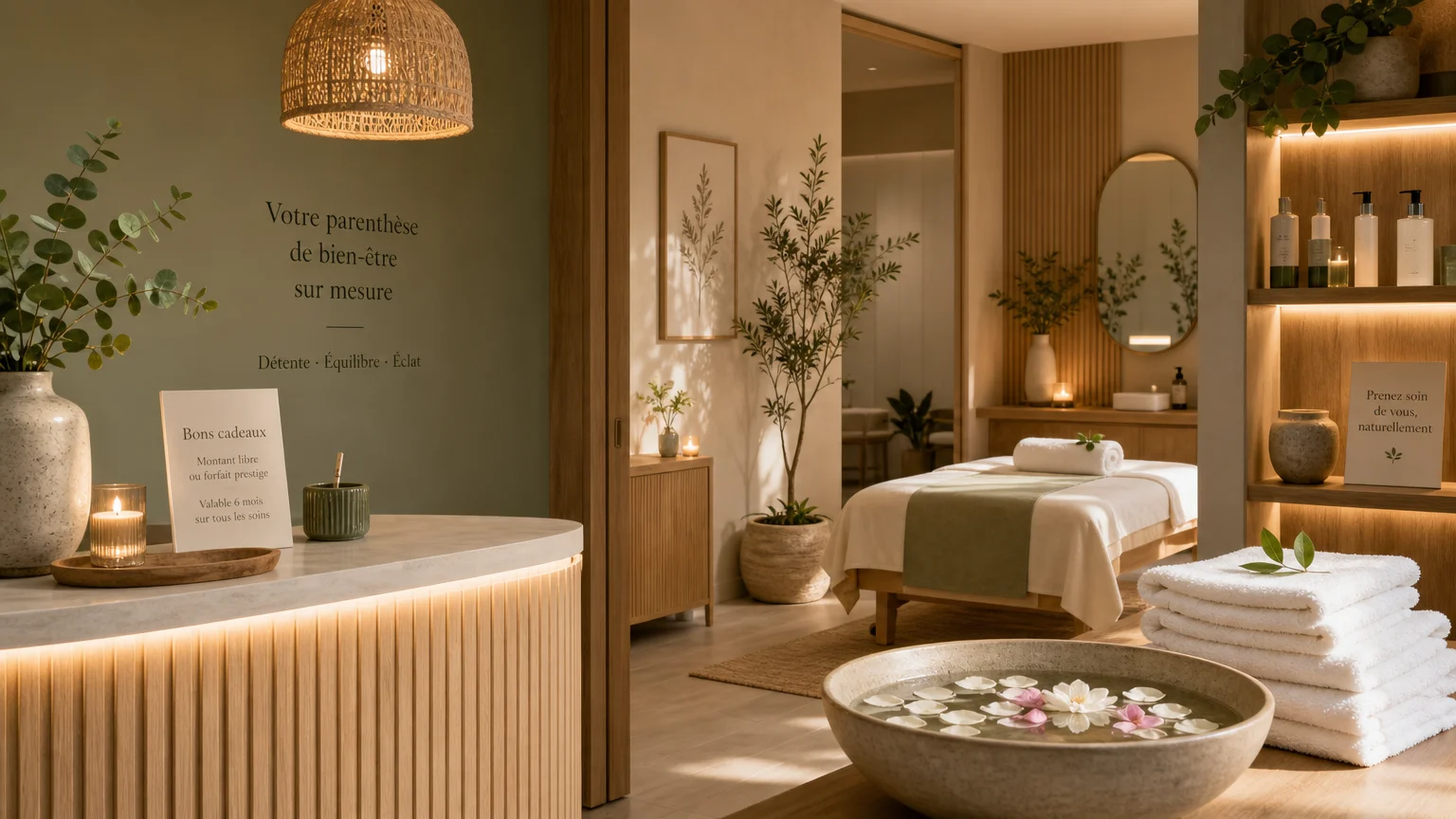Espace spa apaisant au design épuré et lumière naturelle douce