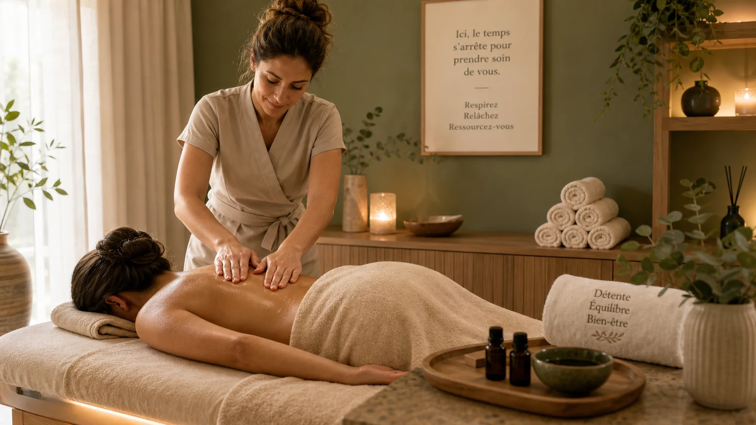 Massage relaxant du dos dans une cabine de soin apaisante