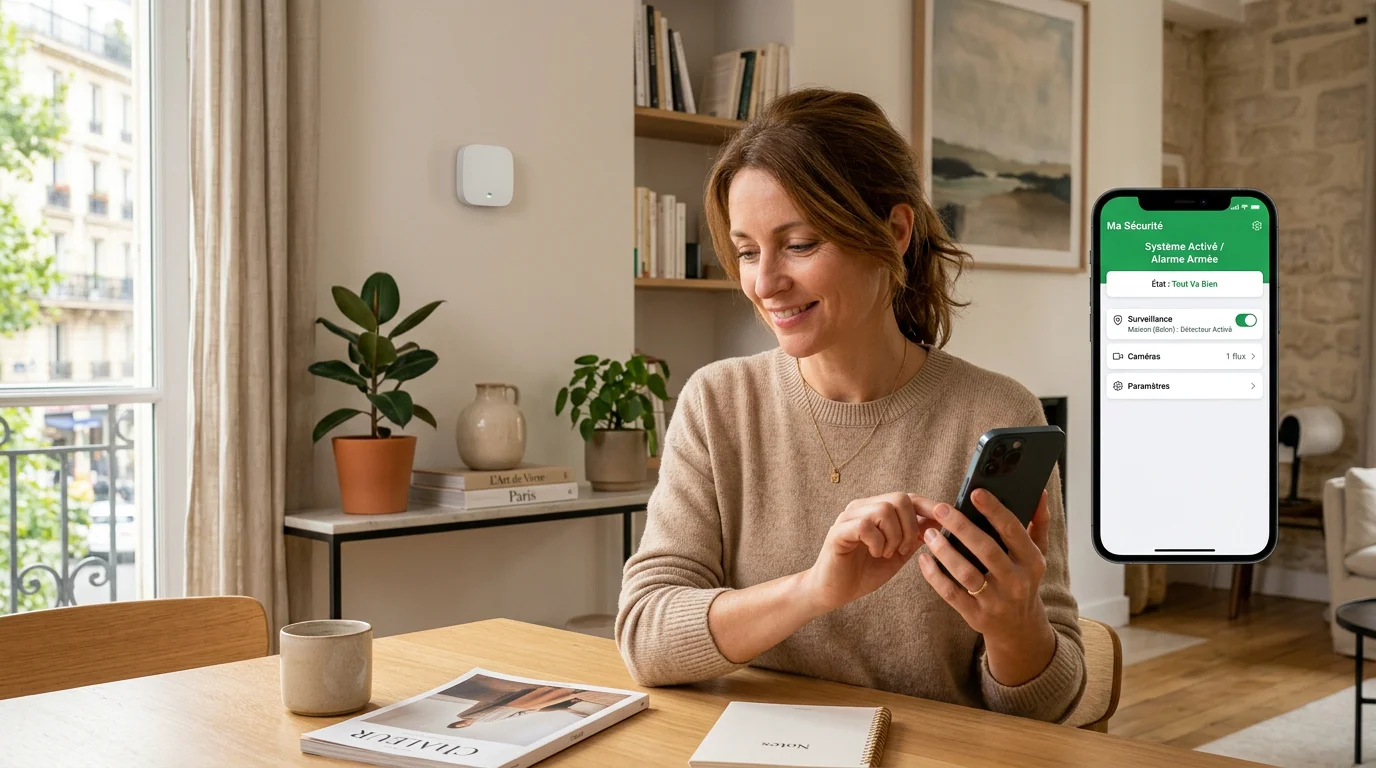 Femme pilotant son alarme WiFi depuis une application sur smartphone à domicile