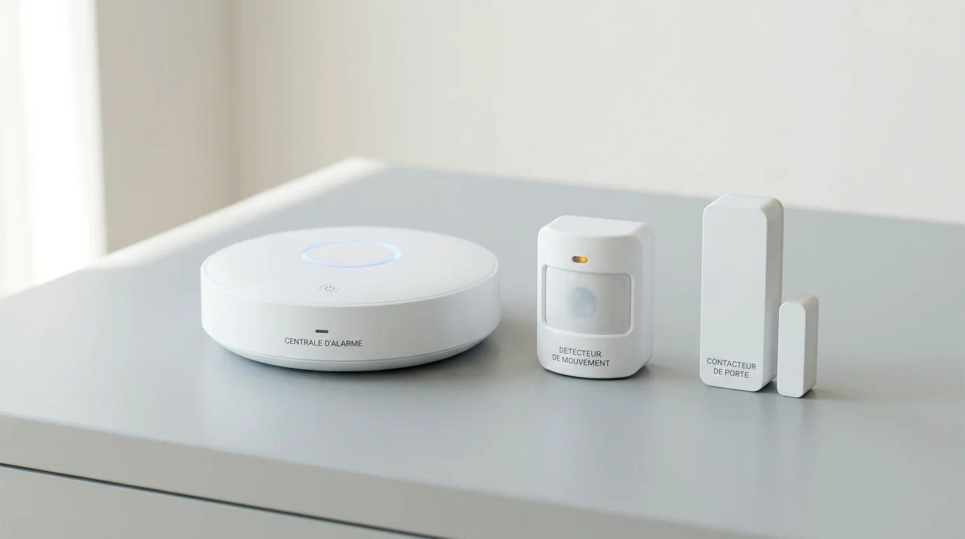 Composants d'une alarme sans fil WiFi : centrale, détecteur de mouvement et capteur d'ouverture