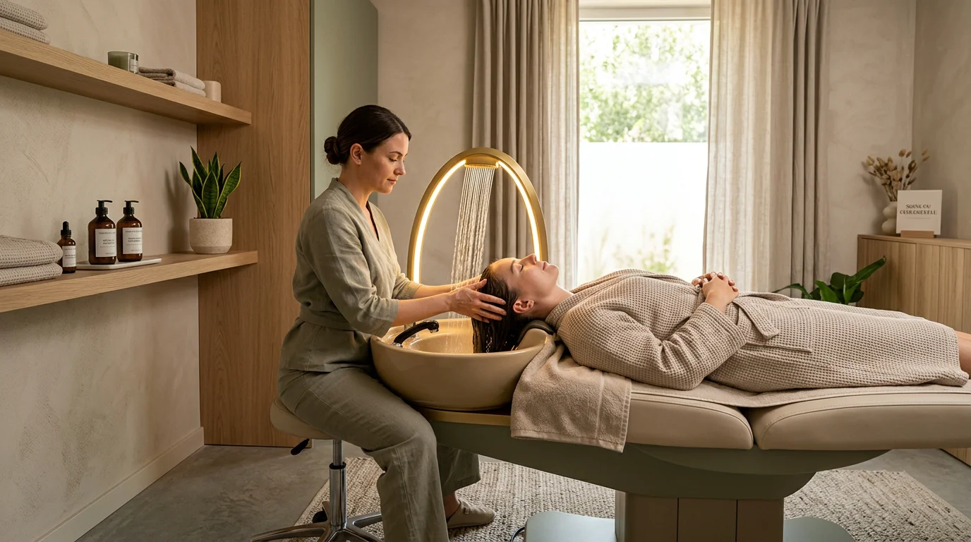Salle de soin head spa moderne avec cliente en pleine relaxation