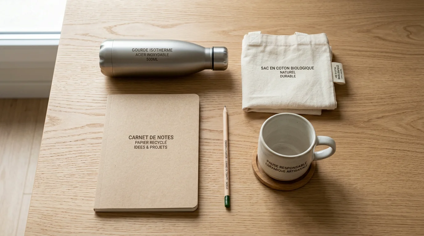 Objets publicitaires écoresponsables personnalisables disposés sur un bureau en bois
