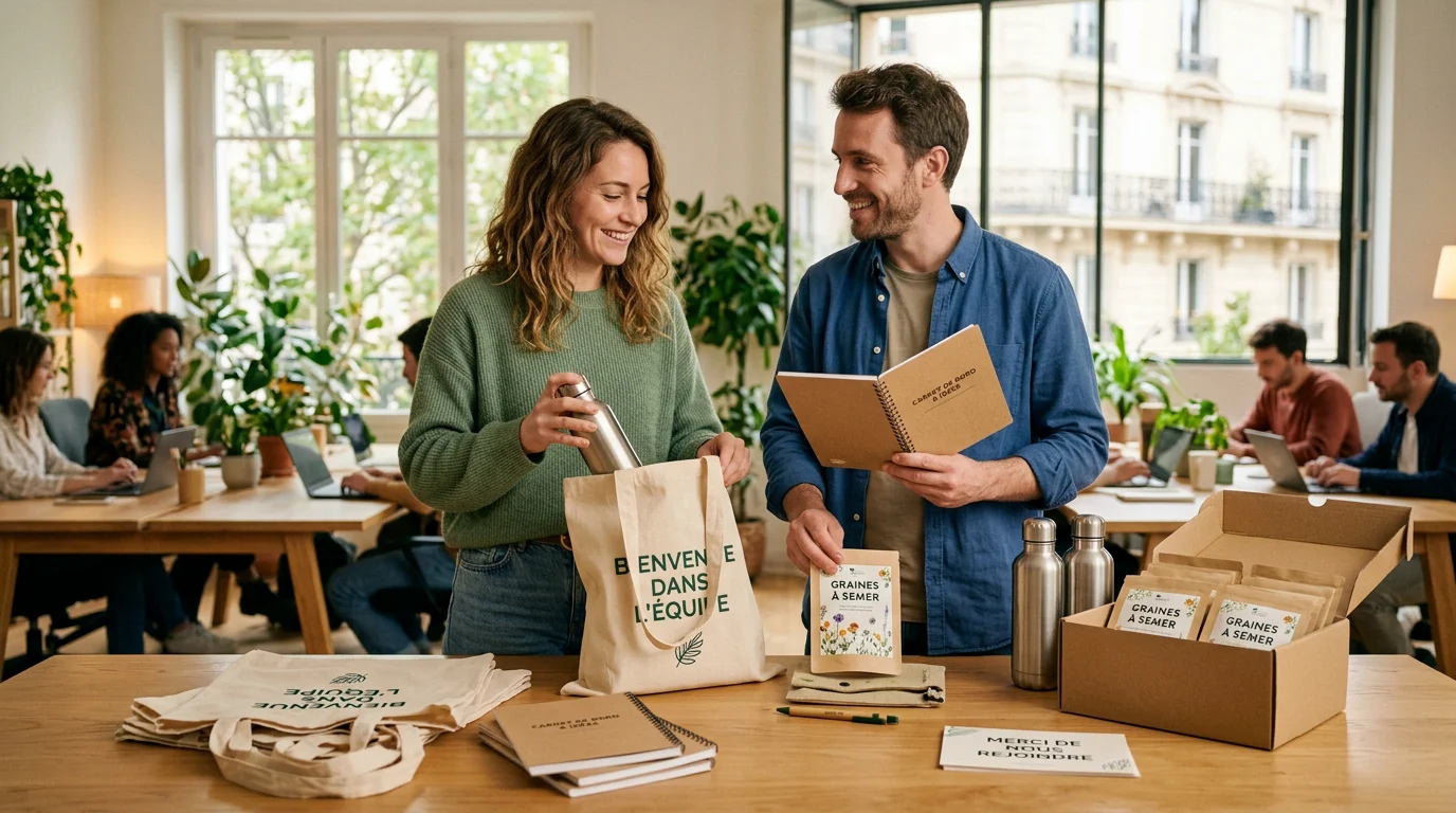 Deux collaborateurs préparant un welcome pack de goodies écoresponsables
