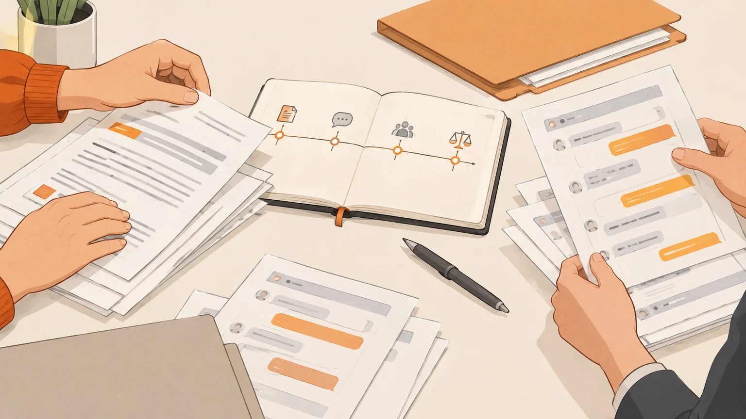 Des mains classent des documents et préparent une chronologie sur un bureau