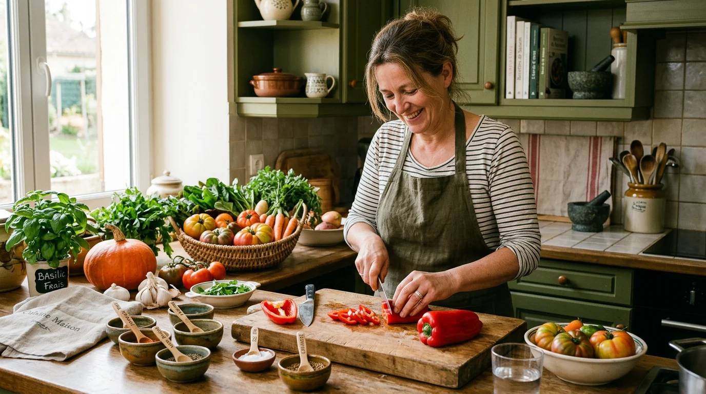 Personne découpant des poivrons rouges en cuisine avec des épices